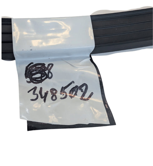 Clear plastic bag with black text and numbers attached to a black metal rod on a white background